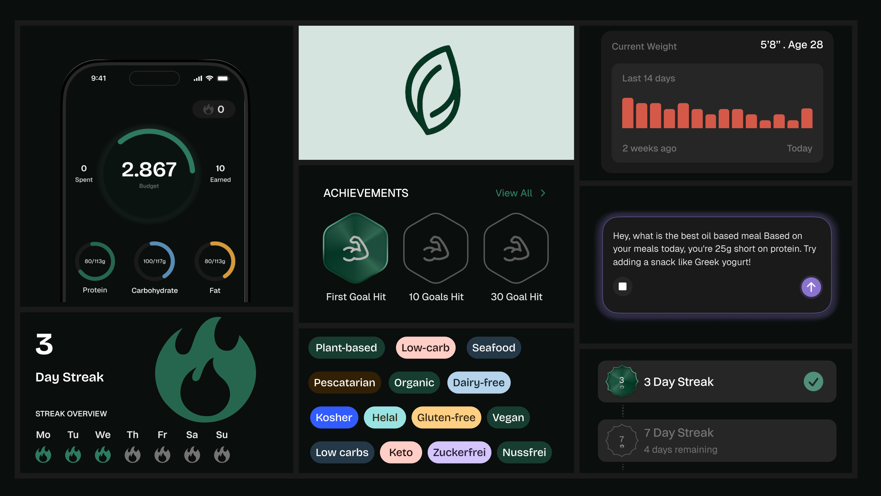 Odem Health product screens — dashboard, protein goal, and Mori